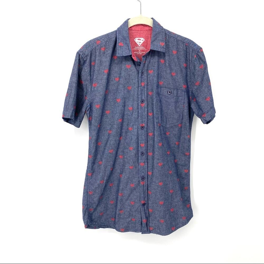 Superman Logo Woven Button Up short sleeve Shirt Bioworld  DC Comics Mens Sz S